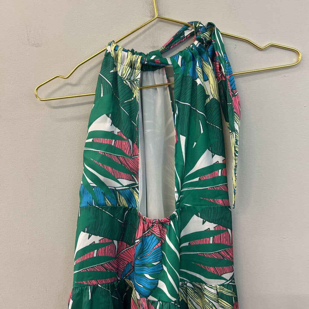 Jade Green/ Multi Tropical Leaf Print Halter Dress Small