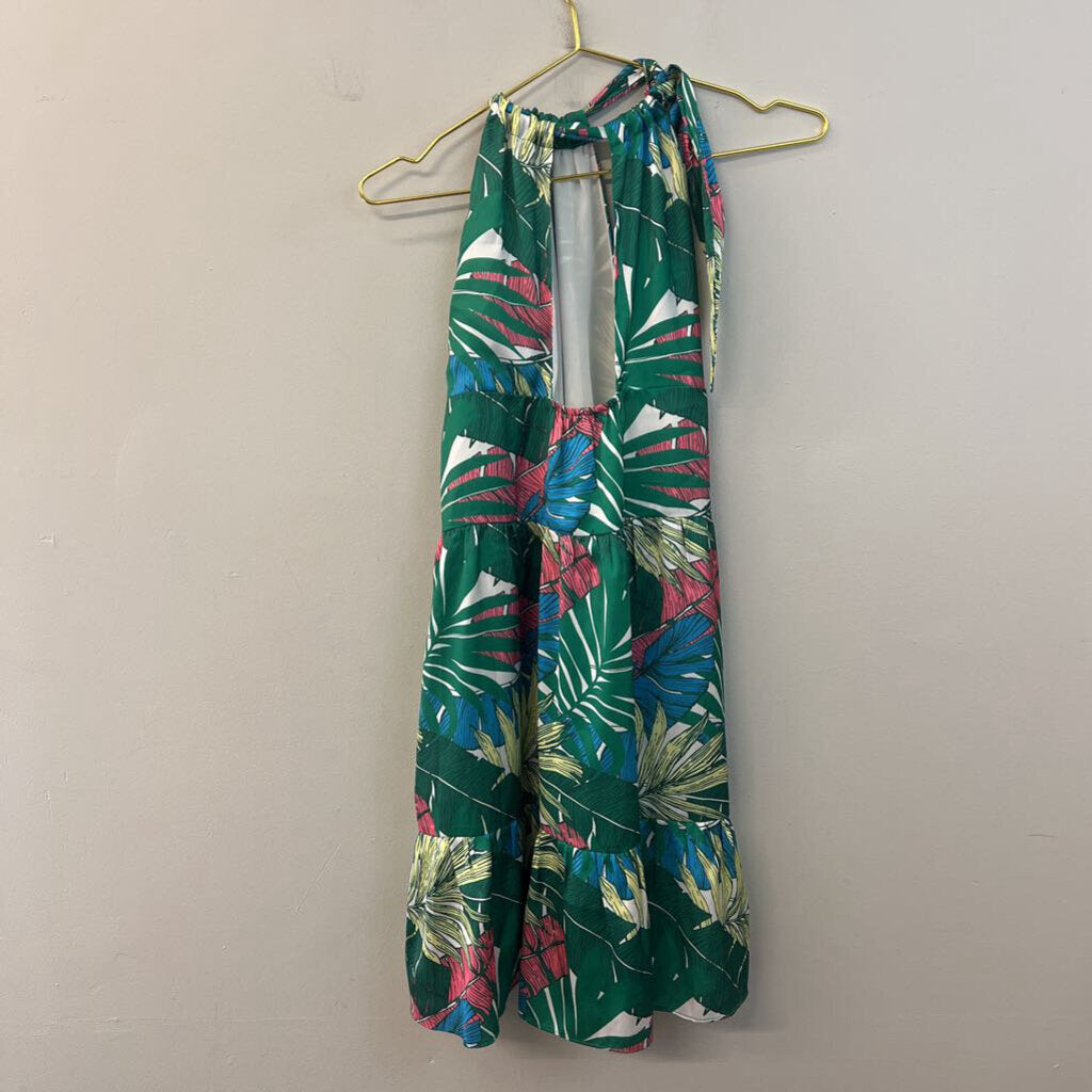 Jade Green/ Multi Tropical Leaf Print Halter Dress Small
