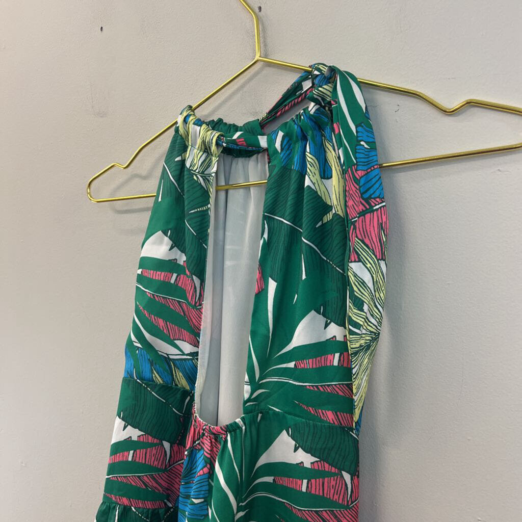 Jade Green/ Multi Tropical Leaf Print Halter Dress Small