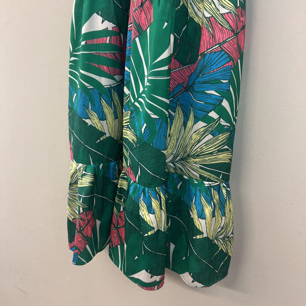 Jade Green/ Multi Tropical Leaf Print Halter Dress Small
