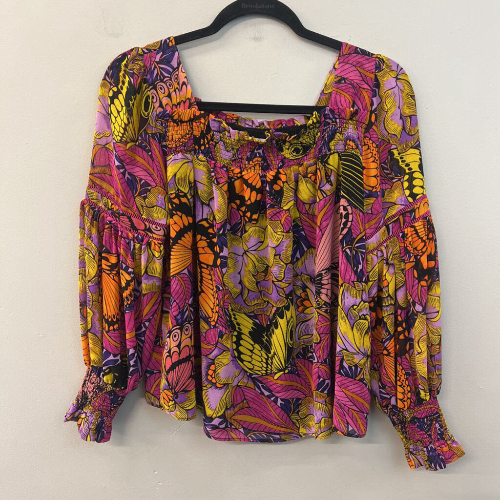Alexandra Farmer for Anthropologie Black/ Multi Print Long Sleeve Top XSP