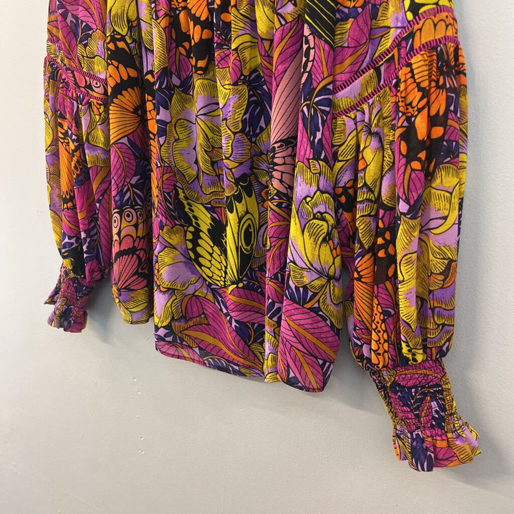 Alexandra Farmer for Anthropologie Black/ Multi Print Long Sleeve Top XSP