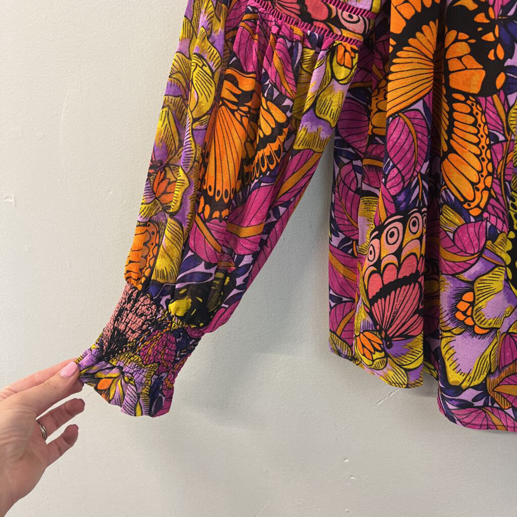Alexandra Farmer for Anthropologie Black/ Multi Print Long Sleeve Top XSP