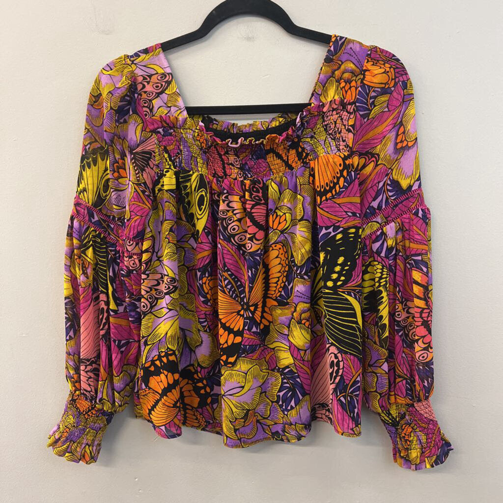 Alexandra Farmer for Anthropologie Black/ Multi Print Long Sleeve Top XSP