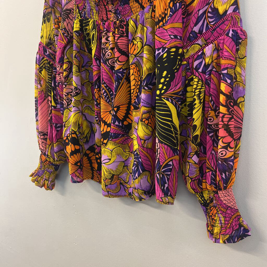 Alexandra Farmer for Anthropologie Black/ Multi Print Long Sleeve Top XSP