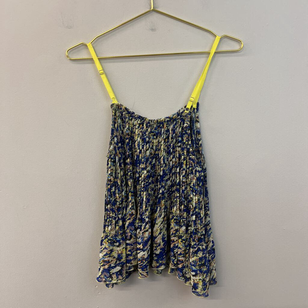 Dance in Paris Blue/ Yellow Print Pleated Tank Top Large