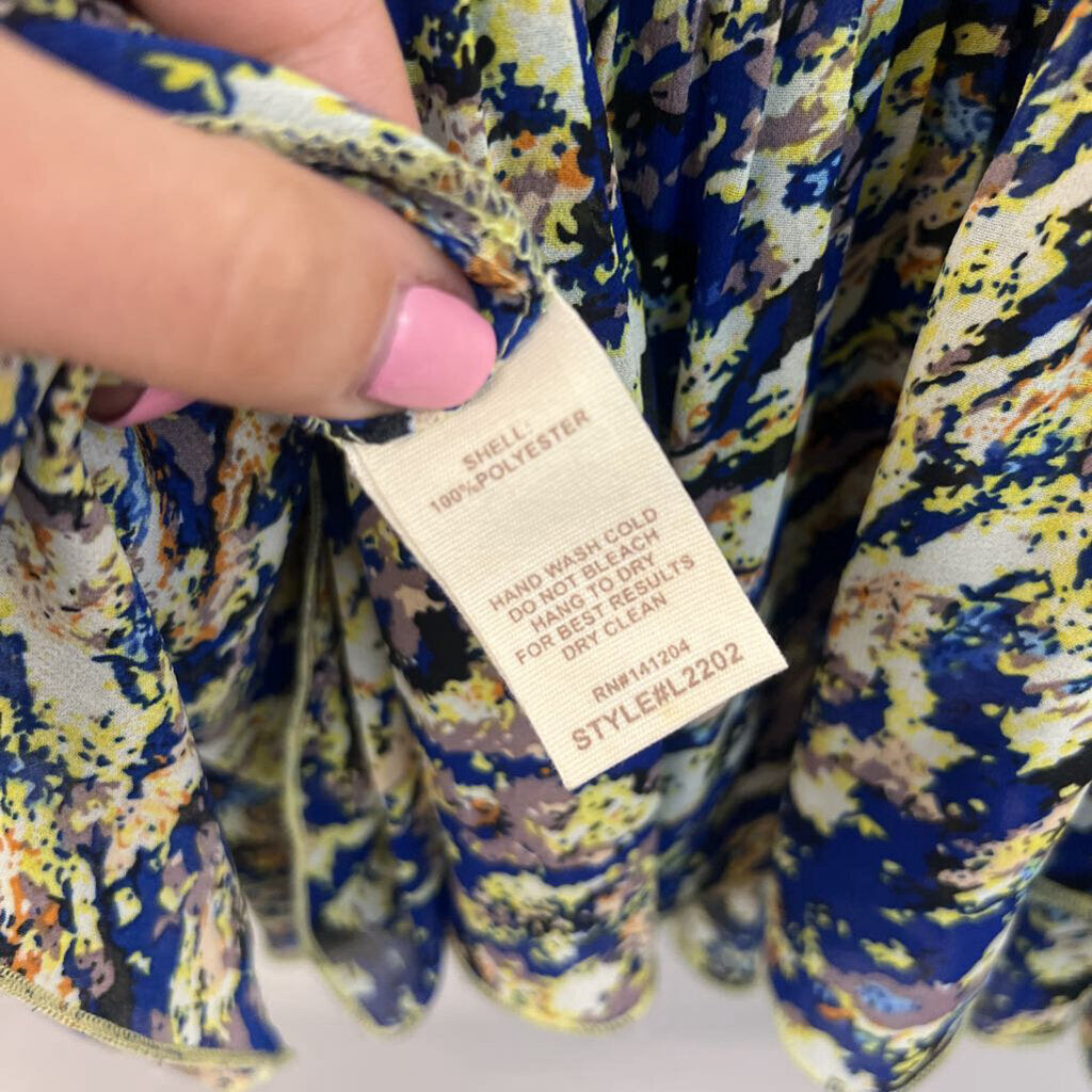 Dance in Paris Blue/ Yellow Print Pleated Tank Top Large