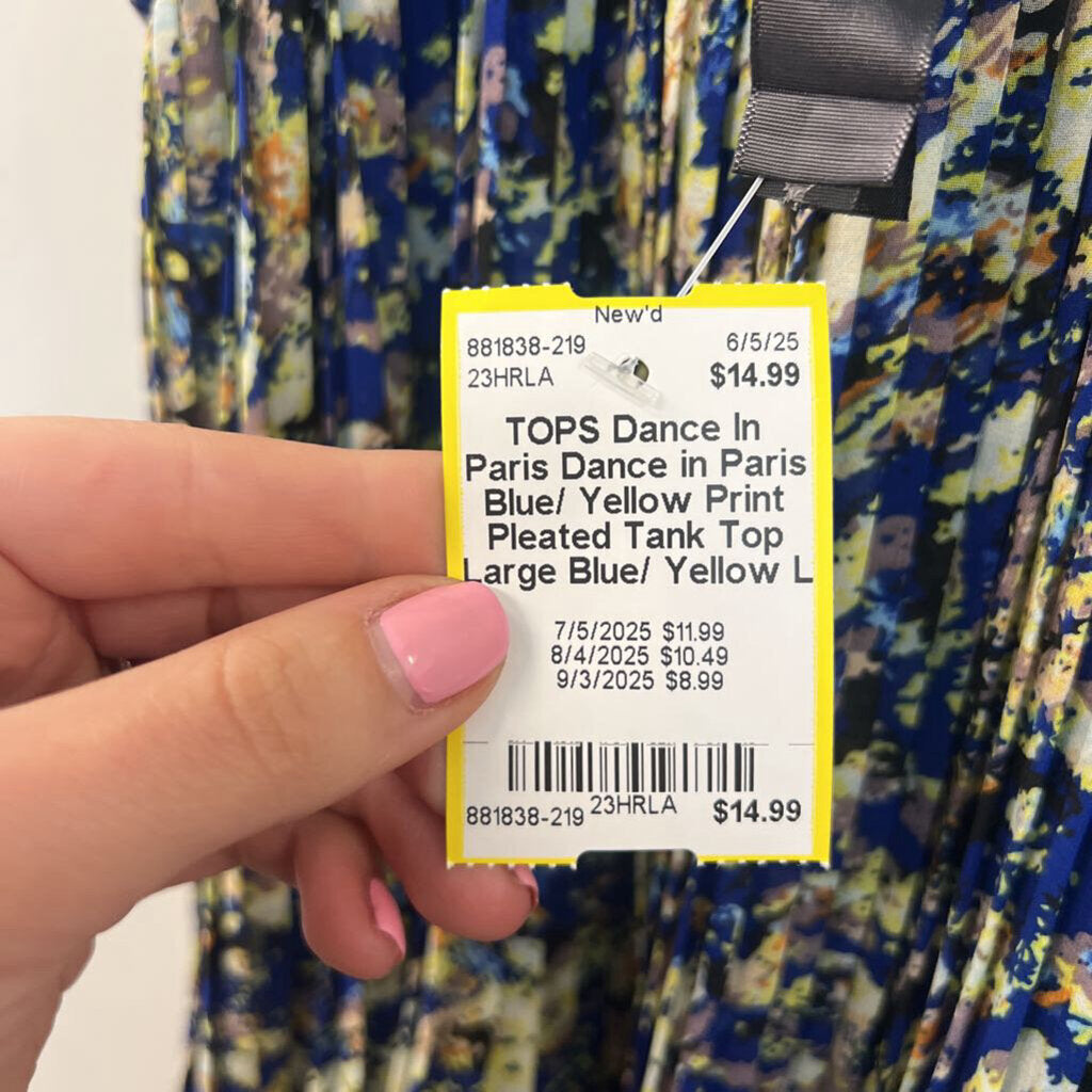 Dance in Paris Blue/ Yellow Print Pleated Tank Top Large