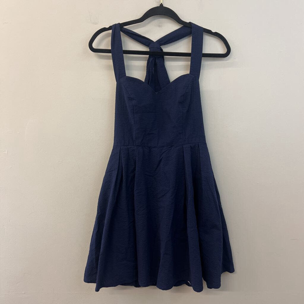 Lauren James Navy Seersucker Halter Dress Small