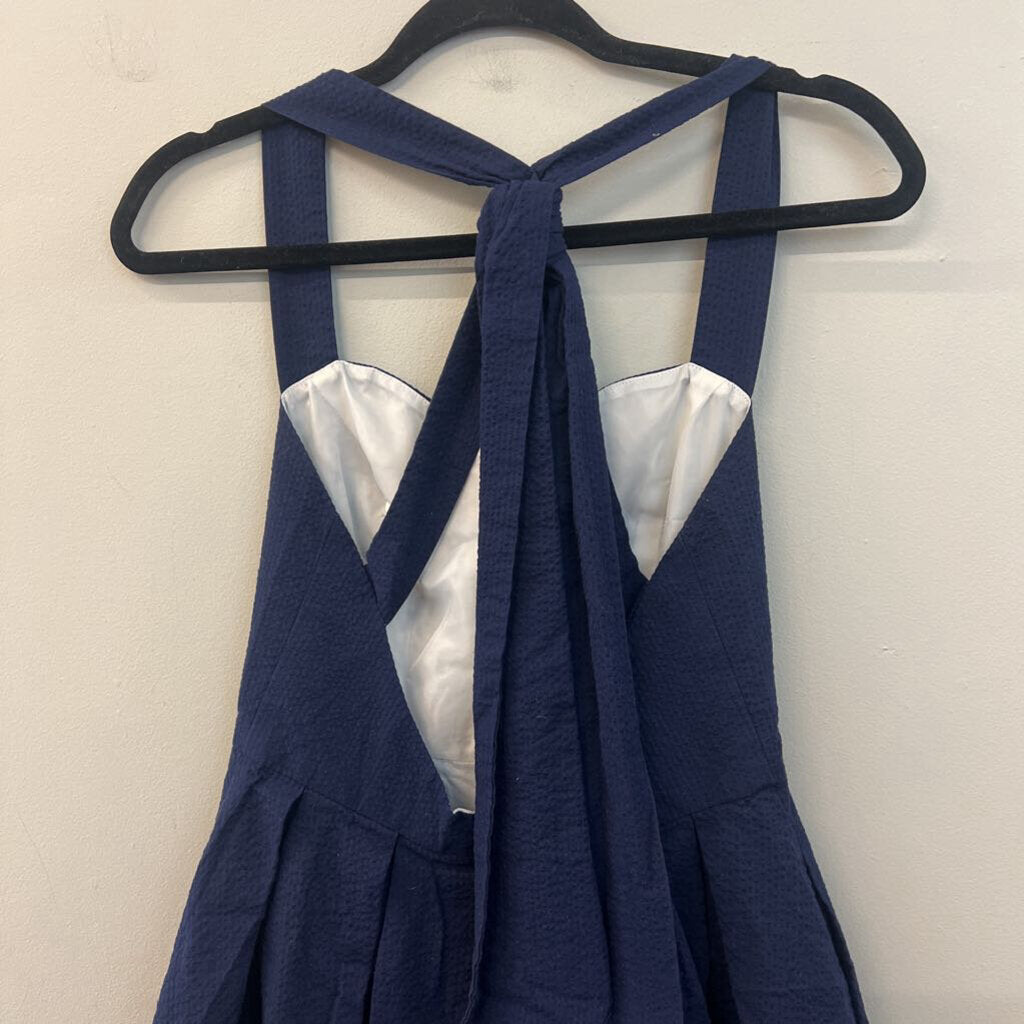 Lauren James Navy Seersucker Halter Dress Small
