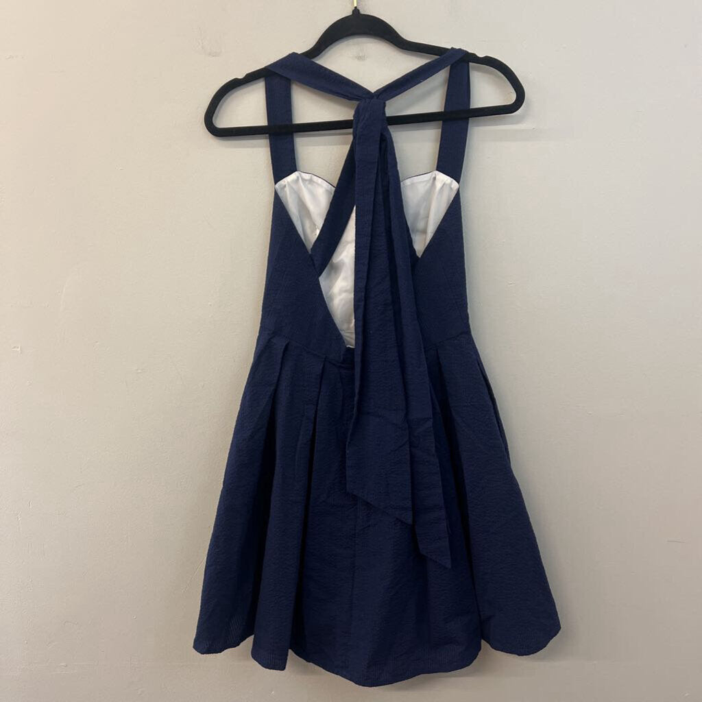 Lauren James Navy Seersucker Halter Dress Small