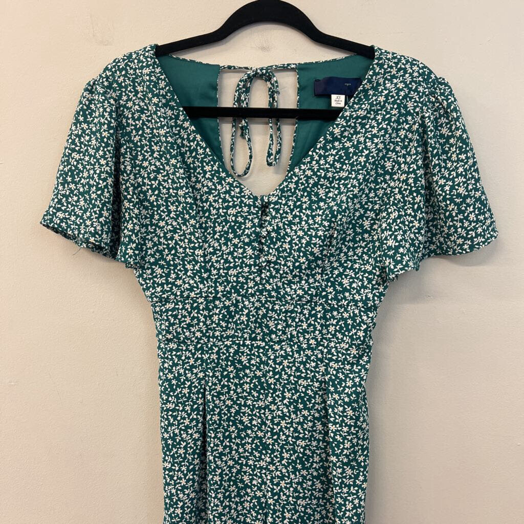 Blue Rain Green/ White Print Short Sleeve Jumpsuit Extra Small