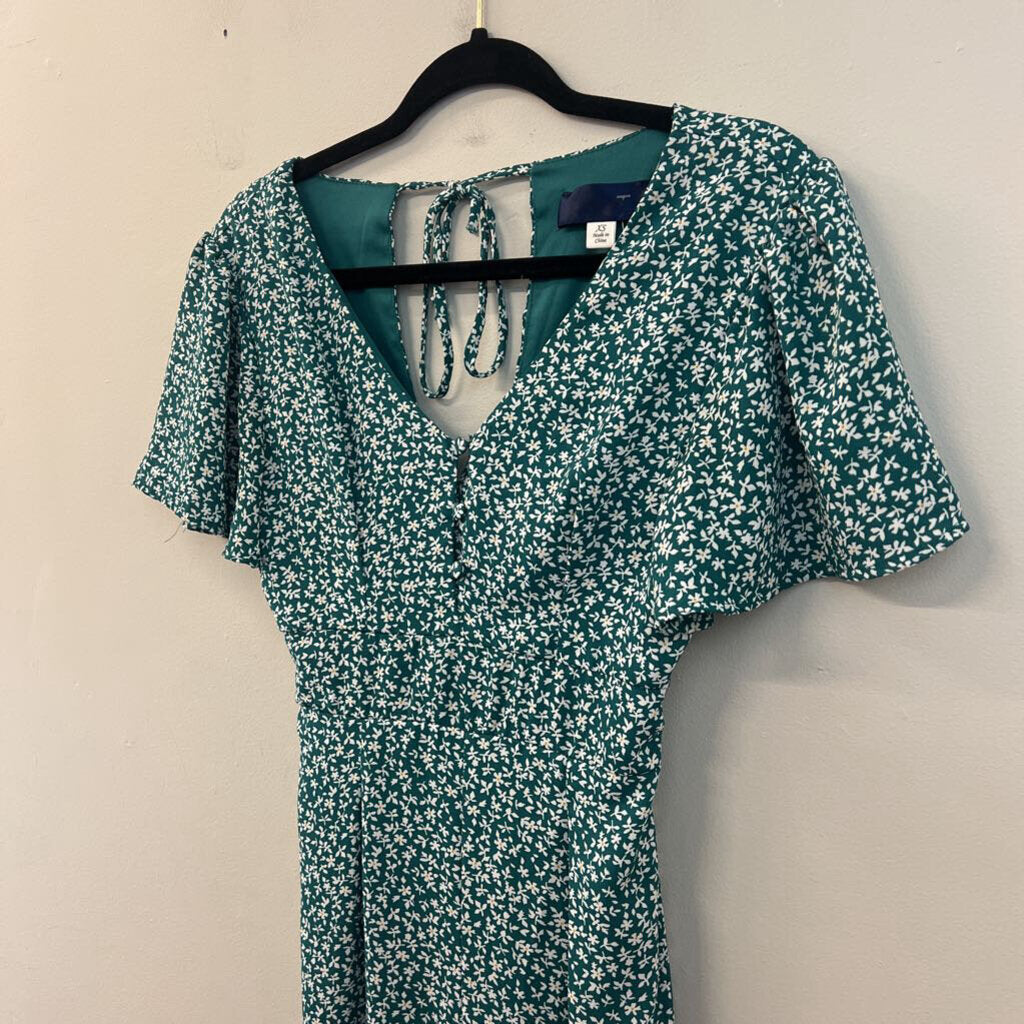 Blue Rain Green/ White Print Short Sleeve Jumpsuit Extra Small