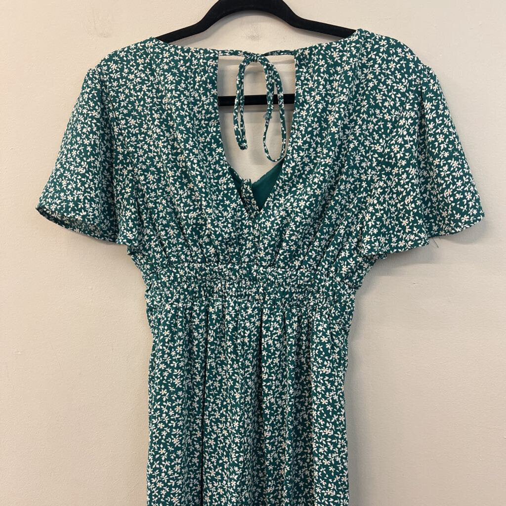 Blue Rain Green/ White Print Short Sleeve Jumpsuit Extra Small