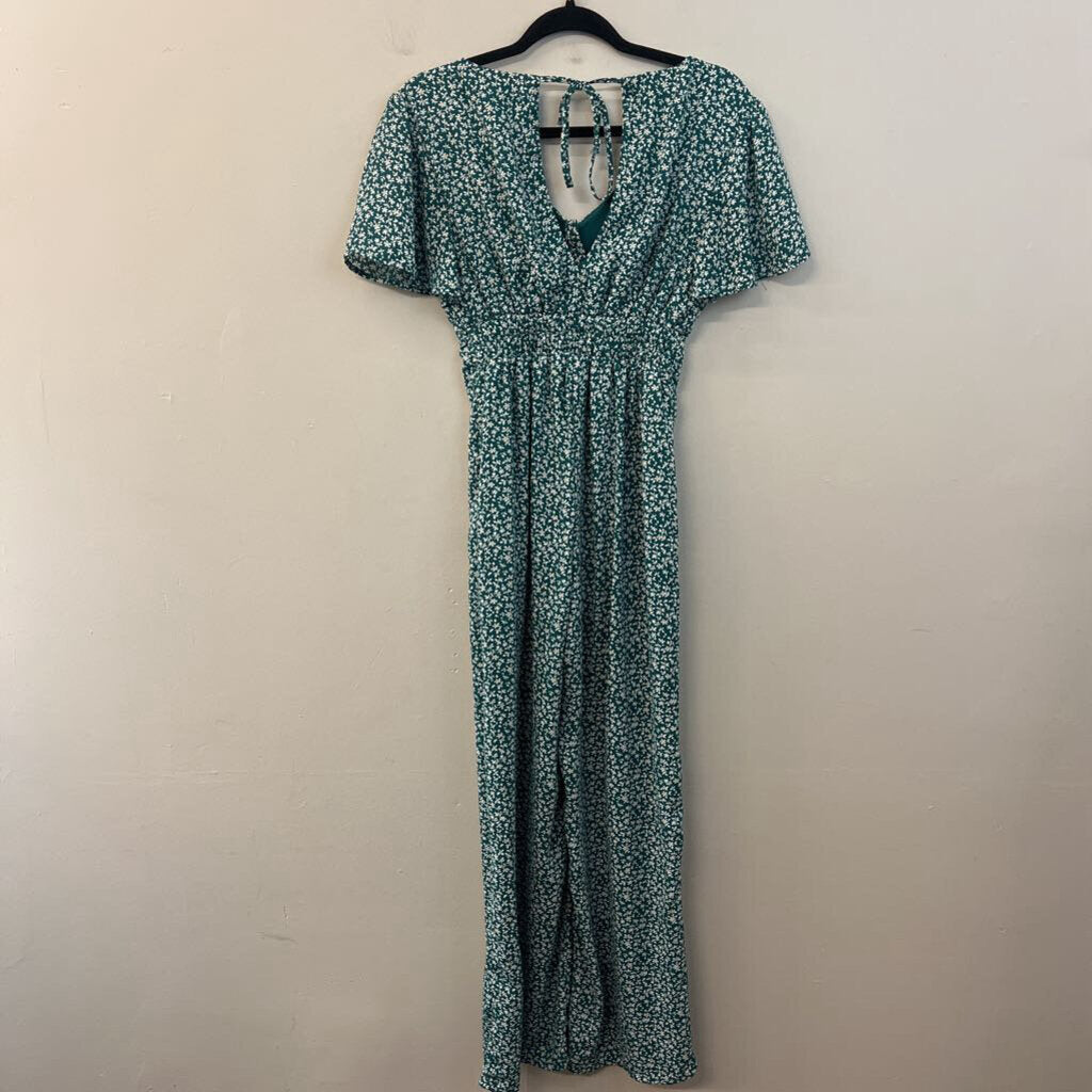 Blue Rain Green/ White Print Short Sleeve Jumpsuit Extra Small