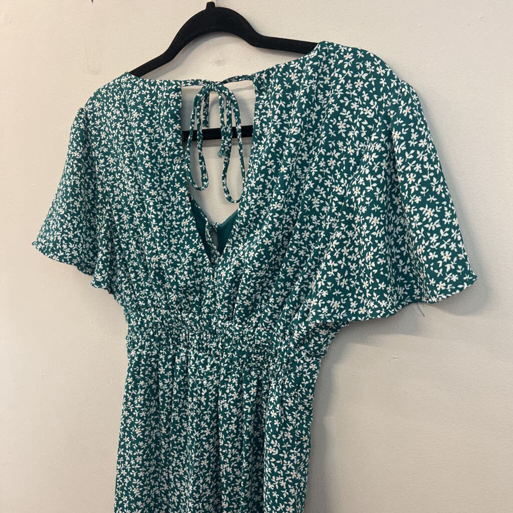 Blue Rain Green/ White Print Short Sleeve Jumpsuit Extra Small