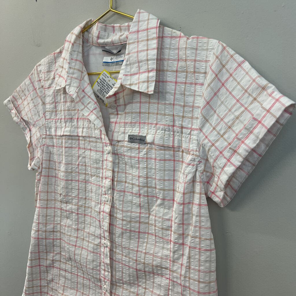Columbia White/ Red Gingham Short Sleeve Button Down Top Small