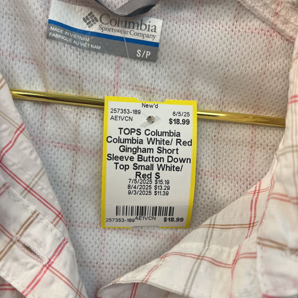 Columbia White/ Red Gingham Short Sleeve Button Down Top Small
