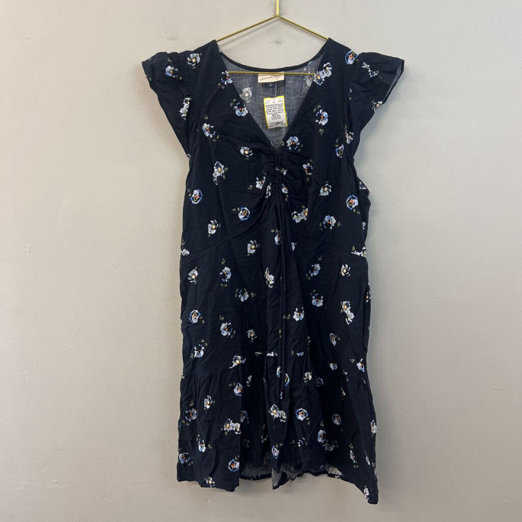 Navy/ Multi Flower Print Short Ruffle Sleeve Dress Extra Large