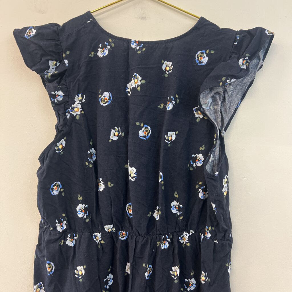 Navy/ Multi Flower Print Short Ruffle Sleeve Dress Extra Large