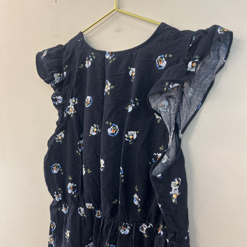Navy/ Multi Flower Print Short Ruffle Sleeve Dress Extra Large