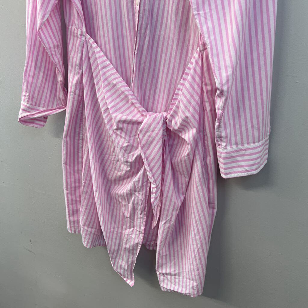 Pink/ White Striped Long Sleeve Button Down Tie Front Dress XXL