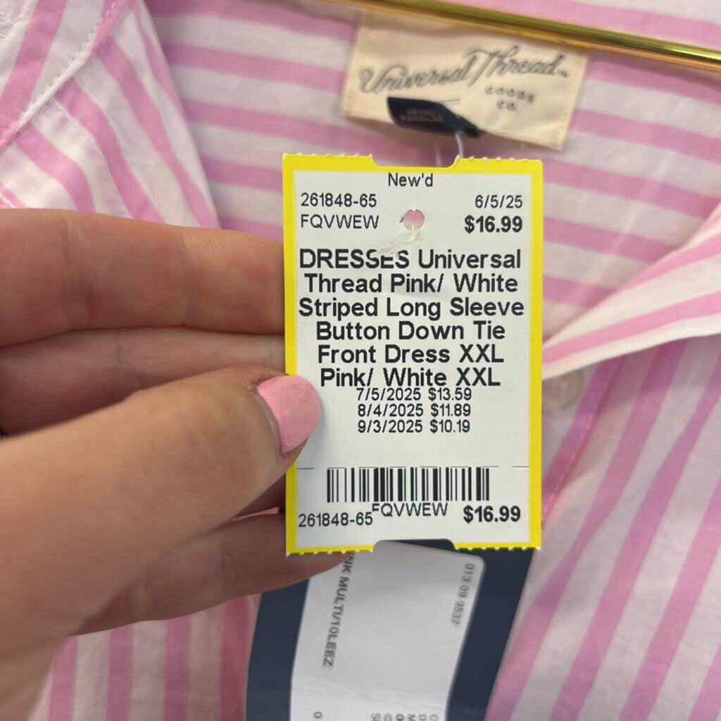 Pink/ White Striped Long Sleeve Button Down Tie Front Dress XXL