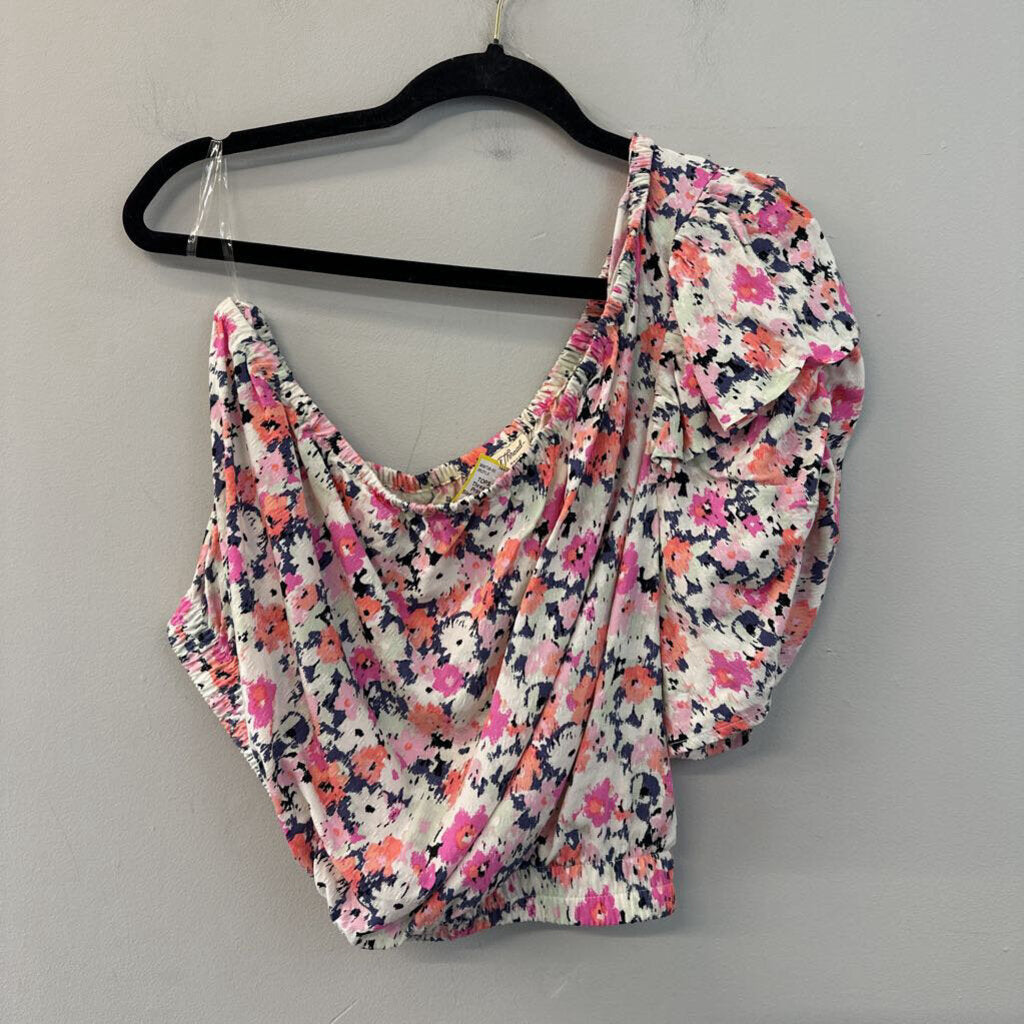 Pink/ Multi Print Short Puff Sleeve One Shoulder Crop Top Large
