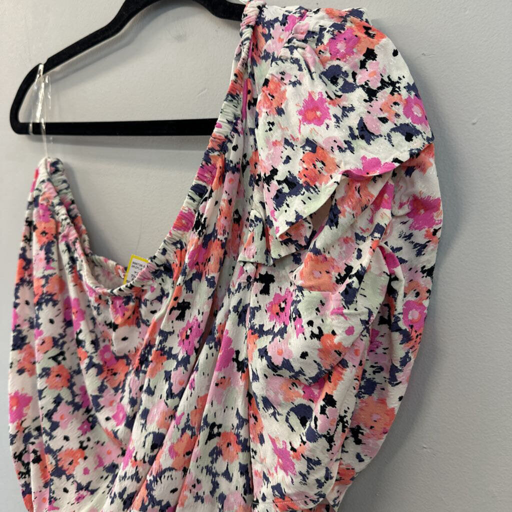 Pink/ Multi Print Short Puff Sleeve One Shoulder Crop Top Large