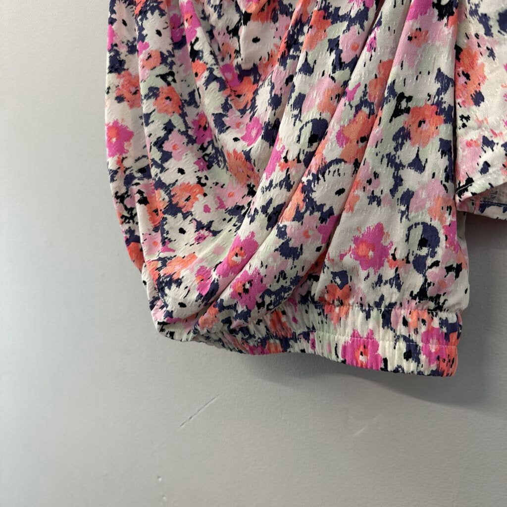 Pink/ Multi Print Short Puff Sleeve One Shoulder Crop Top Large
