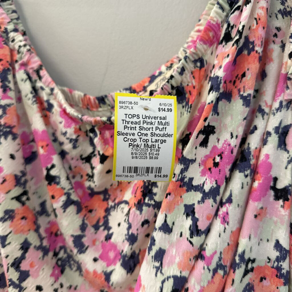 Pink/ Multi Print Short Puff Sleeve One Shoulder Crop Top Large