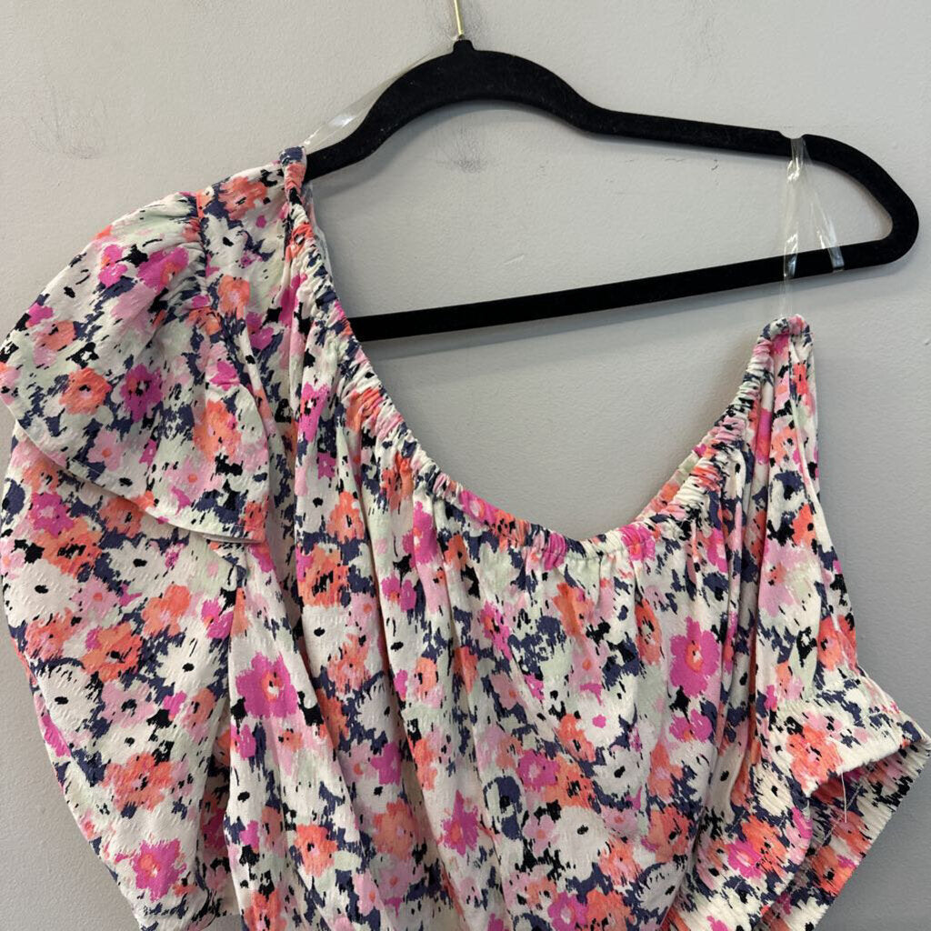 Pink/ Multi Print Short Puff Sleeve One Shoulder Crop Top Large