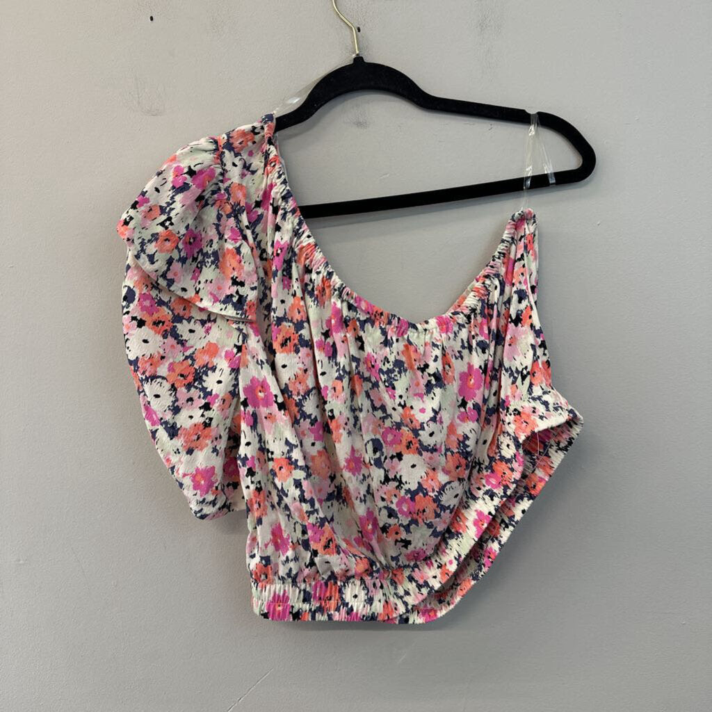 Pink/ Multi Print Short Puff Sleeve One Shoulder Crop Top Large