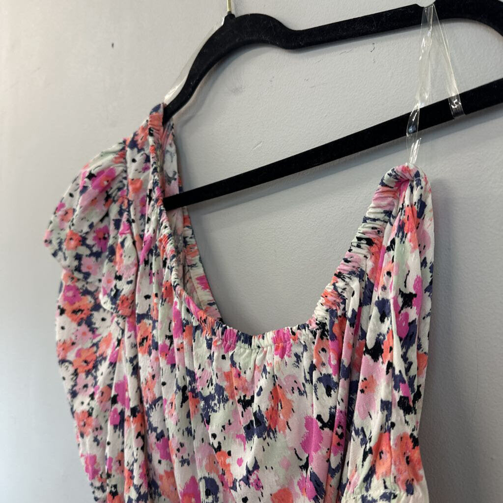 Pink/ Multi Print Short Puff Sleeve One Shoulder Crop Top Large