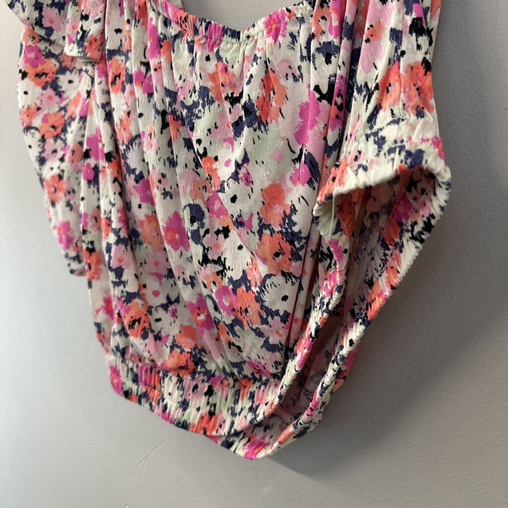 Pink/ Multi Print Short Puff Sleeve One Shoulder Crop Top Large