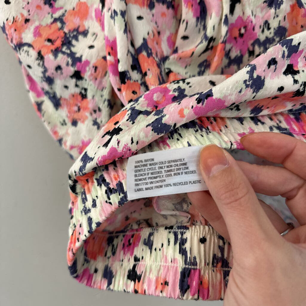 Pink/ Multi Print Short Puff Sleeve One Shoulder Crop Top Large