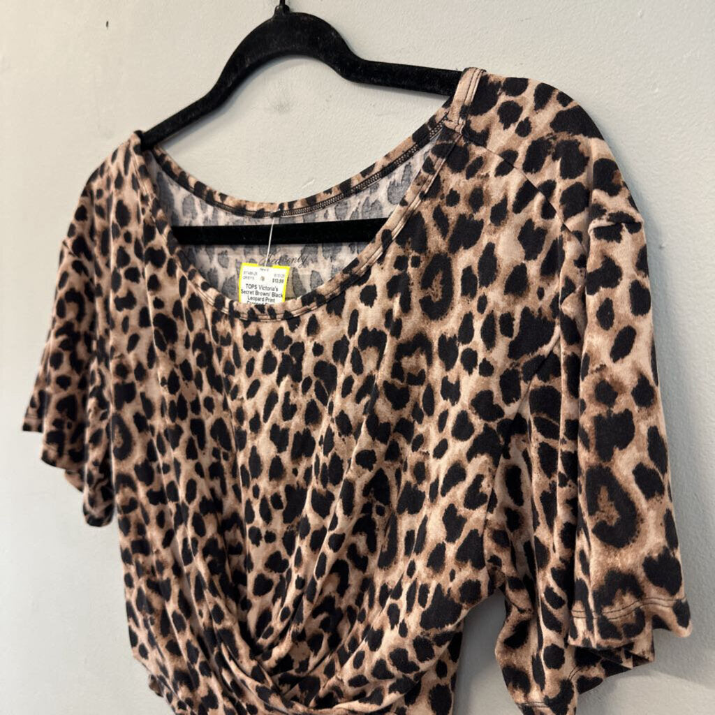 Brown/ Black Leopard Print Cropped Short Sleeve Top Medium