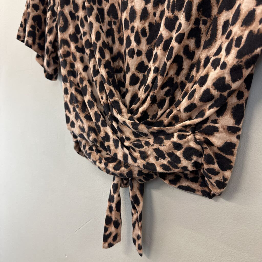 Brown/ Black Leopard Print Cropped Short Sleeve Top Medium