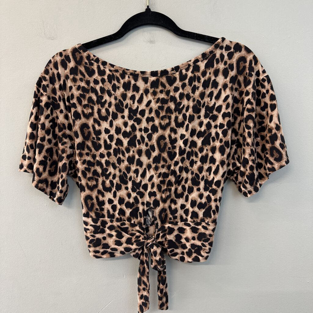 Brown/ Black Leopard Print Cropped Short Sleeve Top Medium