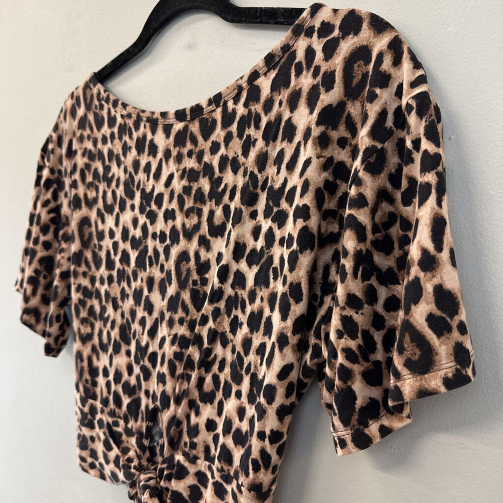 Brown/ Black Leopard Print Cropped Short Sleeve Top Medium
