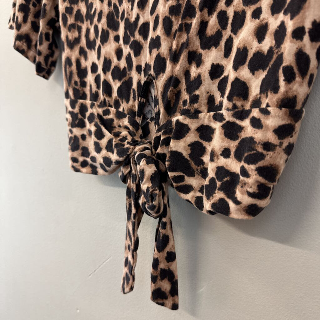 Brown/ Black Leopard Print Cropped Short Sleeve Top Medium