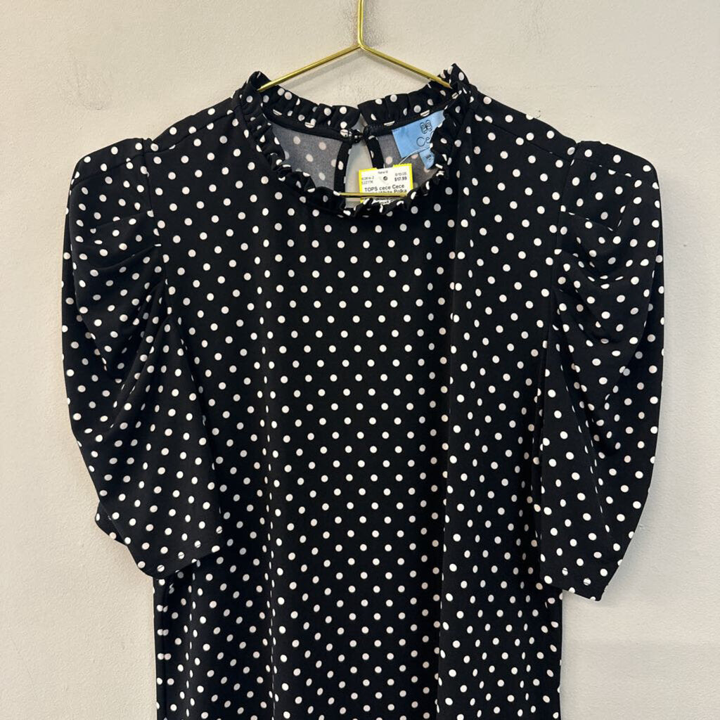 Cece Black/ White Polka Dot Short Sleeve Top Small