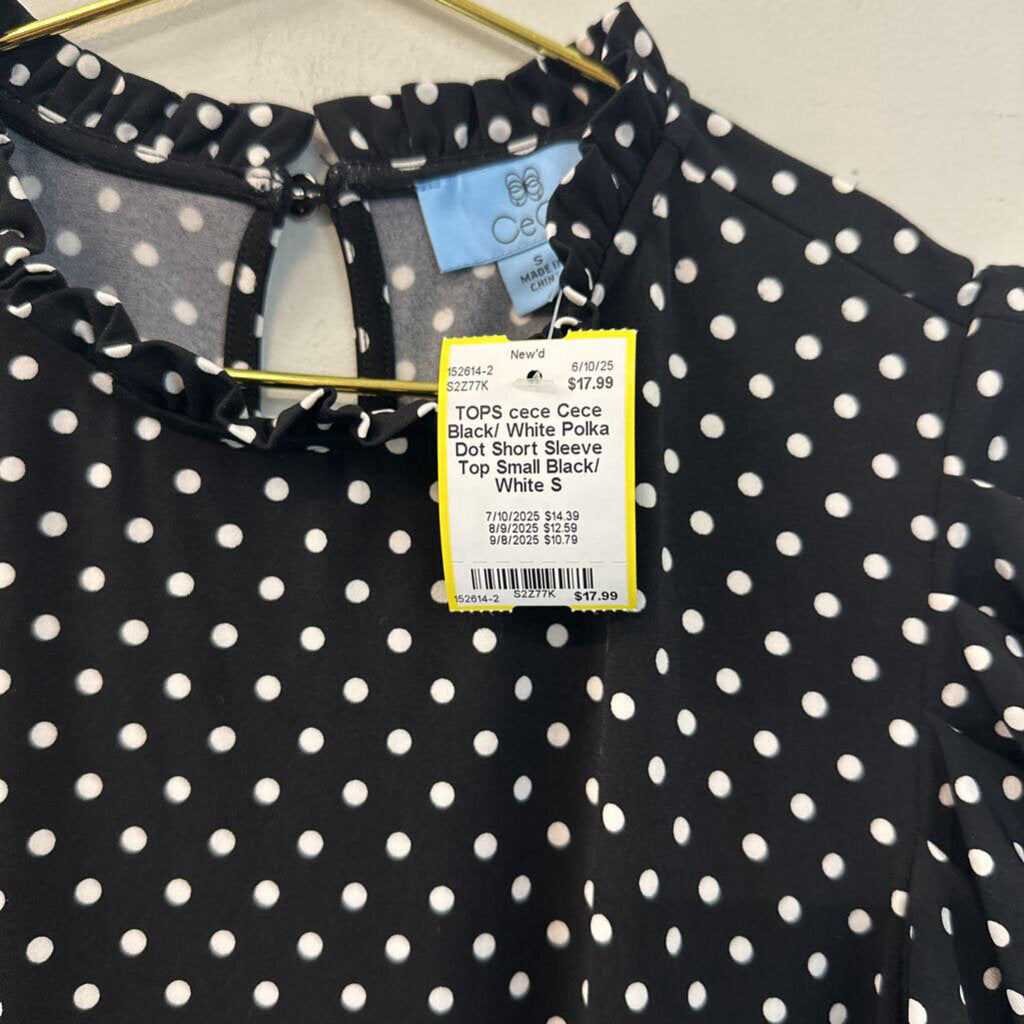 Cece Black/ White Polka Dot Short Sleeve Top Small