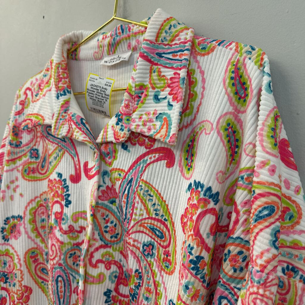 Emily Wonder White/ Multi Paisley Print Button Down Shacket 1X