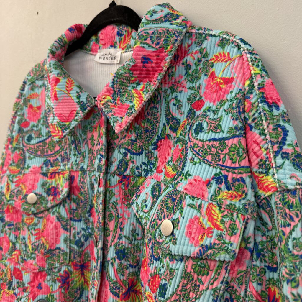 Emily Wonder Blue/ Multi Paisley Print Button Down Shacket 1X