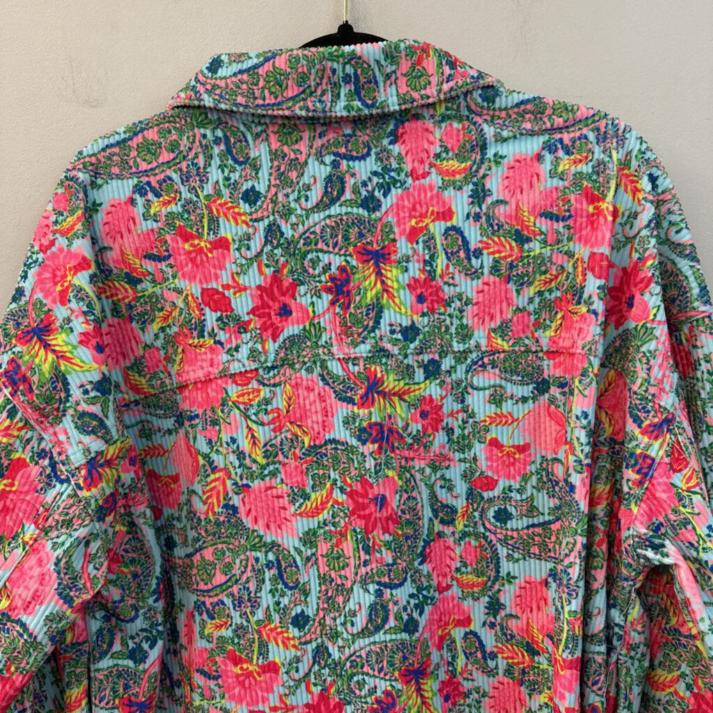 Emily Wonder Blue/ Multi Paisley Print Button Down Shacket 1X