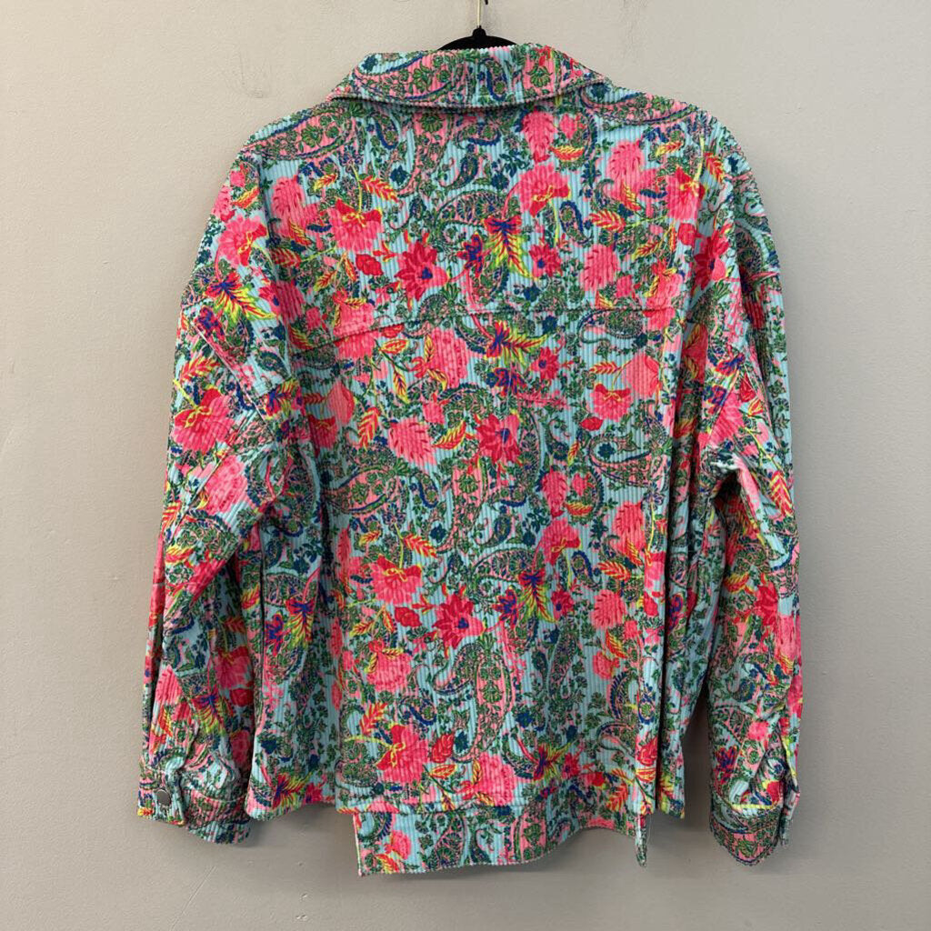 Emily Wonder Blue/ Multi Paisley Print Button Down Shacket 1X