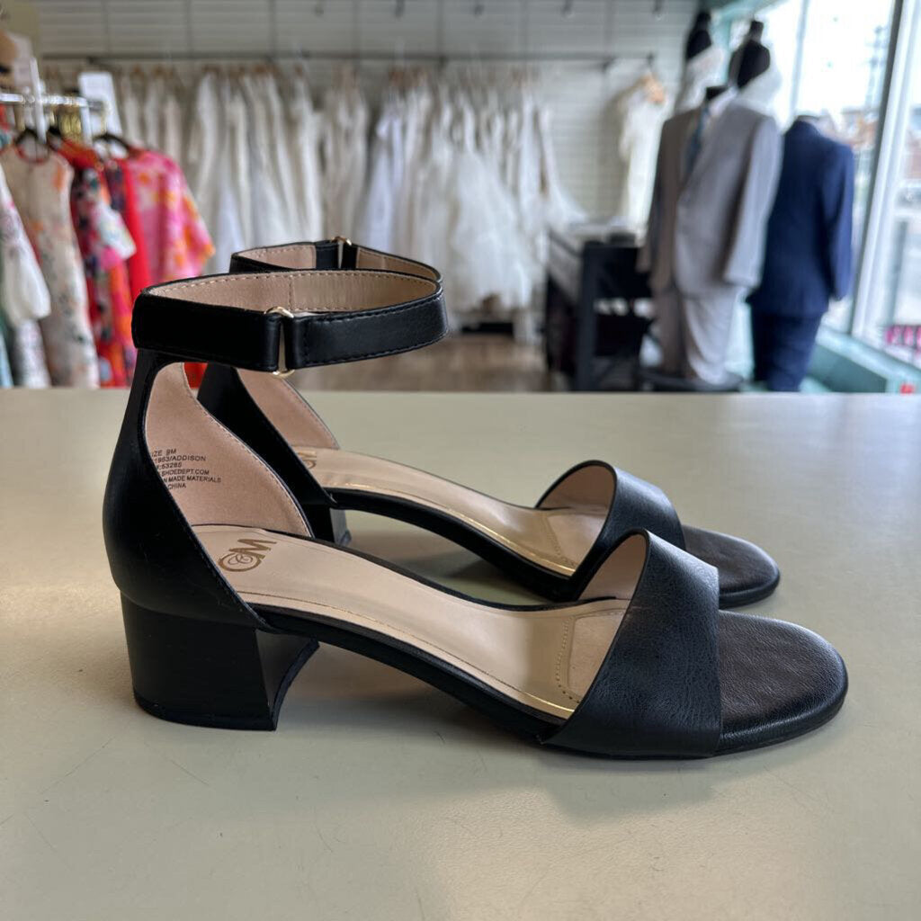 C and M Black Leather Ankle Strap Sandal Heels 9