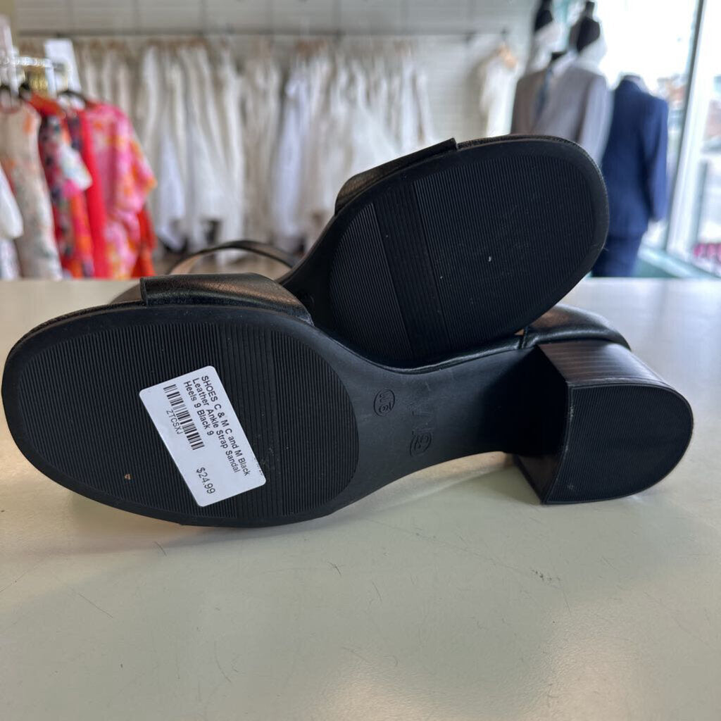 C and M Black Leather Ankle Strap Sandal Heels 9