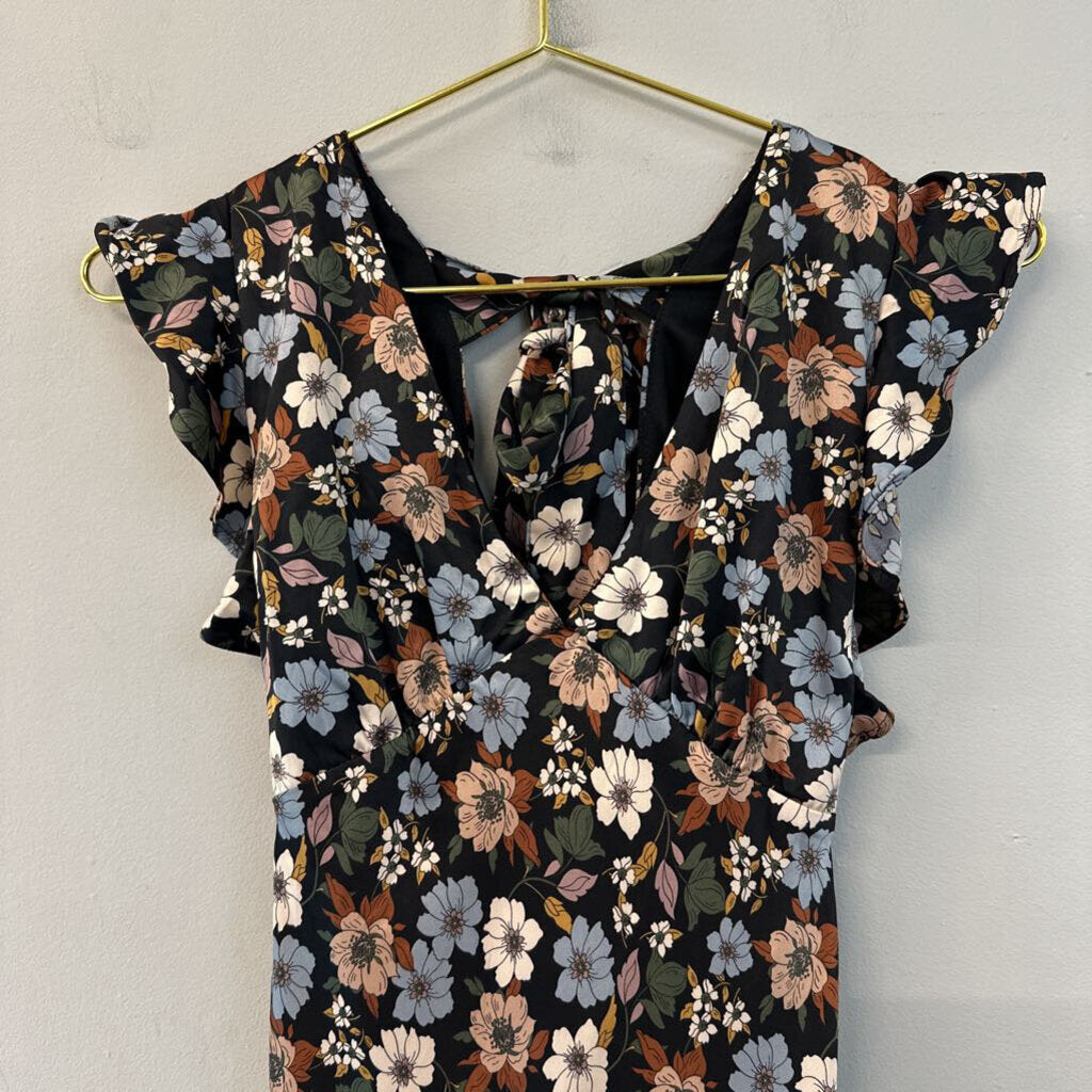 Altar'd State Black/Brown/Blue Floral Satin Dress Extra Small